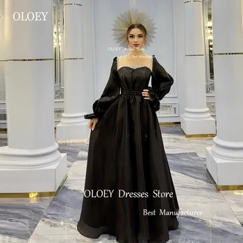OLOEY Black Dubai Арабские Женские Вечерние платья для выпускного вечера из органзы с пышными длинными рукавами и прозрачной горловиной, платья для официальных мероприятий с блестящими кристаллами