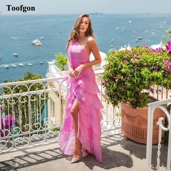 Платья для выпускного вечера с многоуровневой юбкой из розовой органзы Toofgon, вечерние платья с разрезом спереди на одно плечо, вечернее платье для свадебной вечеринки, одежда в Дубае