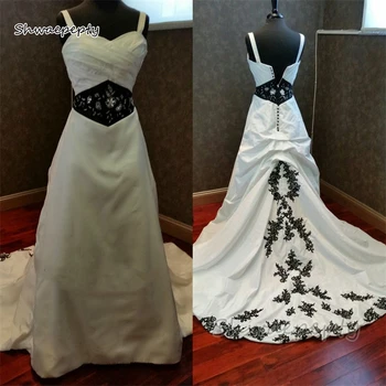 Винтажные черно-белые свадебные платья с рюшами, Атласные платья трапециевидной формы, длинные готические свадебные платья, кружевные аппликации с вышивкой, Vestido
