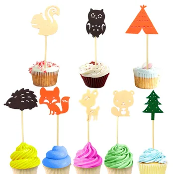 24шт мультяшных животных, Топперы для торта, Лесные существа, наборы для кексов для детского душа, украшения детского дня рождения.