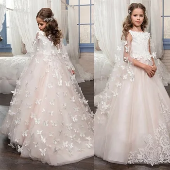 Платья для девочек в цветочек на свадьбу, пачка принцессы с бабочкой, кружевное платье на шнуровке с аппликацией, винтажное платье для первого причастия для девочек