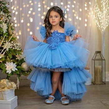 Платья для девочек в цветочек, Голубые кружевные рукава с оборками для свадеб, аппликации из тюля, низкое / высокое платье для первого причастия, бальное платье принцессы