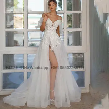 Свадебное платье с кружевными аппликациями в виде сердечка для женщин 2023, сшитые на заказ Свадебные платья с разрезом сбоку, шлейф Robe De Mariee