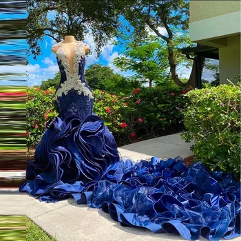 Роскошные темно-синие атласные платья для выпускного вечера, женские вечерние платья с блестящими кристаллами, 3D кружевные аппликации, платье-русалка, оборки, длинный шлейф