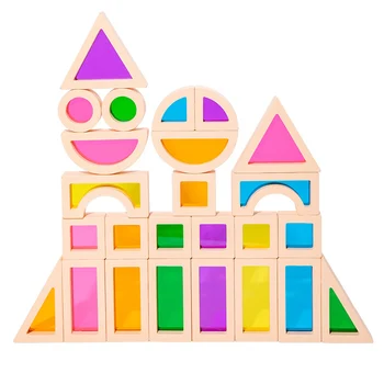 Деревянные радужные блоки для укладки, креативная красочная обучающая конструкция, Светопропускающая Строительная игрушка для детей
