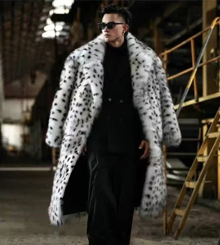 Новое мужское пальто с мехом с леопардовым принтом, длинный воротник из искусственного меха лисы, модная зимняя теплая меховая куртка