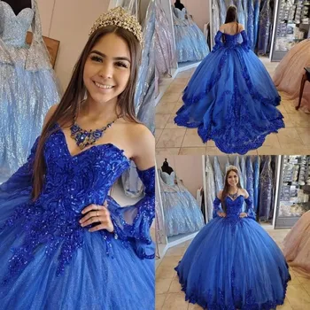 Королевские синие пышные платья принцессы 2023, Кружевная аппликация, расшитый бисером корсет в виде сердечка на шнуровке сзади, вечернее платье Sweet 16 Dresses