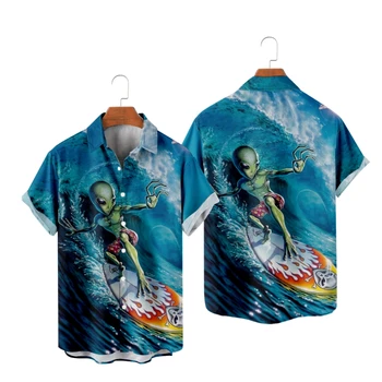 Гавайские рубашки для мужчин, крутые рубашки с принтом инопланетного серфинга, футболки с коротким рукавом, летние топы для пляжного отдыха на Гавайях, Дышащие