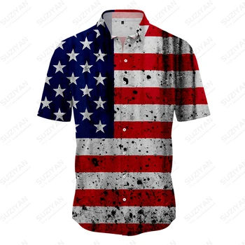 Мужские летние рубашки Удобная повседневная рубашка с рисунком американского национального флага, рубашка с короткими рукавами, модная рубашка с отложным воротником