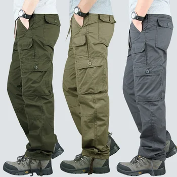Мужские брюки-карго, верхняя одежда с множеством карманов, Военно-тактический комбинезон, Рабочие Прямые Мешковатые хлопчатобумажные брюки, Армейские осенние брюки плюс брюки