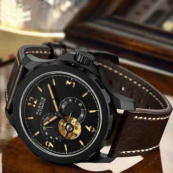 Parnis 44 мм Черный циферблат с турбийоном Механические автоматические мужские часы Кожаный ремешок сапфировые спортивные мужские часы reloj hombre Подарок