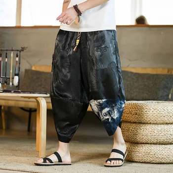 Японские брюки-кимоно, мужские шелковые брюки с принтом дракона, китайские свободные шаровары в стиле ретро в китайском стиле.