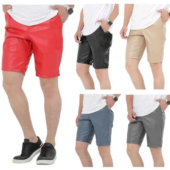 Мужские шорты из искусственной кожи, мужские кожаные брюки, мужские тонкие цветные кожаные брюки длиной до колен