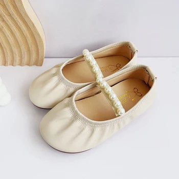 Детские туфли принцессы из искусственной кожи на мягкой подошве с жемчугом Для девочек, модные детские свадебные туфли