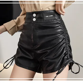 Женские шорты из искусственной кожи корейского дизайна на шнурке с высокой талией, новинка 2023 года