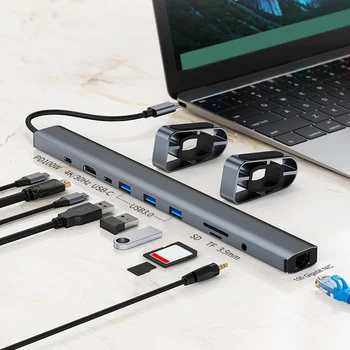 Адаптер USB C 10-в-1 Многопортовый RJ45 Gigabit Ethernet 3,5 мм AUX HDMI-совместимый 4K 3 Порта Передачи данных USB 3.0 5 Гбит/с для Macbook Huawei