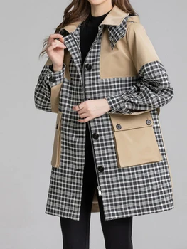 Дизайнерское пальто HIGH STREET 2023 Осень-зима, женское пальто в клетку с карманами, лоскутное шитье цвета Хаки с капюшоном и длинными рукавами