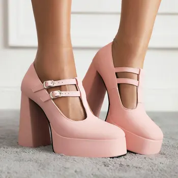 Однотонные розово-белые женские туфли-лодочки в стиле милой Лолиты с закрытым носком и Т-образным ремешком на высоком каблуке и японской платформе Mary Janes Женская обувь