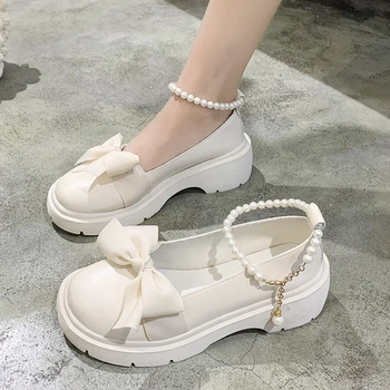 Японский стиль, Белые Черные туфли Mary Jane, Новинка 2023 года, Женские туфли на среднем каблуке 5 см с Жемчужным бантом, Кавайные Студенческие туфли в стиле Лолиты