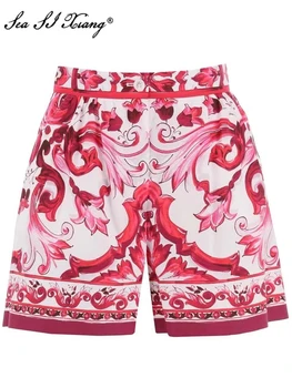Модные дизайнерские шорты Seasixiang, летние шорты из 100% хлопка, женские шорты с карманами и красными цветами, уличные шорты с карманами