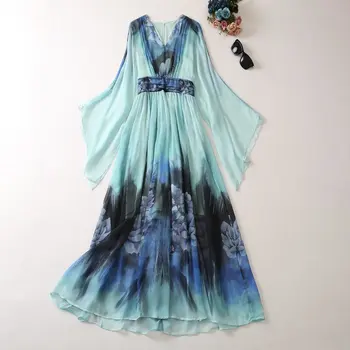 Европейское и американское женское платье 2023, лето, новый стиль, V-образный вырез, длинный рукав, расклешенные рукава, плиссированное платье с цветочным принтом XXL