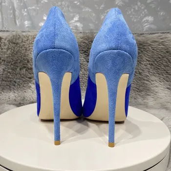 Контрастно-синие женские вечерние туфли из синтетической замши с острым носком на высоком каблуке, сексуальные туфли-лодочки на шпильке с V-образным вырезом сбоку