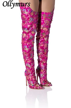Пикантные сапоги выше колена с розово-красными заклепками на тонком каблуке Street Shot Stage Sexy Boots