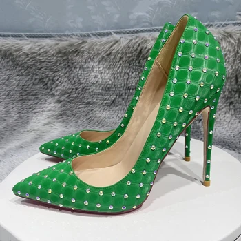 Стразы, Женская Зеленая ткань из флока в клетку, Туфли на высоком каблуке с острым носком, Сексуальные Потрясающие дизайнерские туфли-лодочки на шпильке без застежки