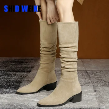 SDWK/ Классическая обувь 5 см, Женские модные женские ботинки, сапоги до колена без застежки, Квадратный плиссированный толстый каблук, квадратный каблук AD4371