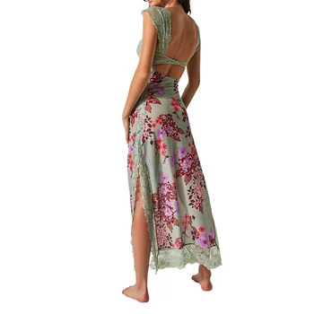 Летние вечерние платья-футляр в стиле Ретро с цветочным рисунком, Женское кружевное платье в стиле пэчворк без рукавов с вырезом на спине и V-образным вырезом, пляжная уличная одежда