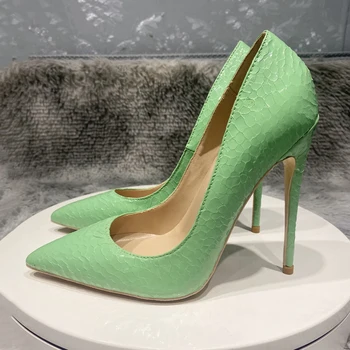 Мятно-зеленый с эффектом крокодиловой кожи, Женские вечерние туфли на высоком каблуке с острым носком, сексуальные дизайнерские туфли-лодочки на шпильке без застежки 8 см 10 см 12 см