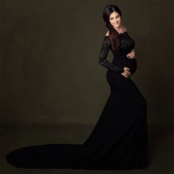 Черные тюлевые кружевные платья Макси для беременных, платья с длинным рукавом, элегантное платье для фотосессии, сексуальное фото беременности с открытыми плечами 2023