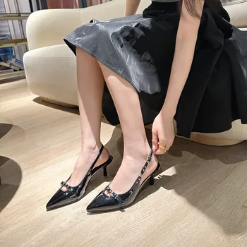 Женские туфли-лодочки на каблуке 2023, дизайнерская роскошная женская модная обувь с пряжкой и мелким острым носком, женские туфли на каблуке, Сандалии
