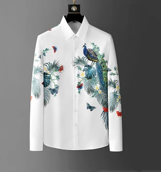 Европейская и американская трендовая рубашка с длинными рукавами с принтом павлина и бриллиантов для мужчин, осенняя новая высококачественная дизайнерская брендовая шелковая рубашка
