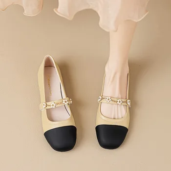 Размер 34-43 Обувь Mary Jane Женская обувь на плоской мягкой подошве с черным носком