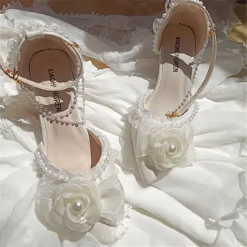 Лолита Оригинальный Элегантный Универсальный Бант Жемчужный Подарок для взрослых Туфли ручной работы на высоком каблуке Свадебные Роскошные Белые туфли с цветами для женщин