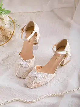 2023 Новые летние французские туфли Qipao с жемчужными пуговицами на толстом каблуке в китайском стиле Mary Jane для женщин