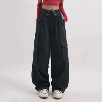 Брюки-карго для женщин, летние уличные брюки в стиле ретро с широкими штанинами, брюки с несколькими карманами на талии, женские спортивные штаны для уличной одежды