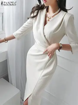 Элегантное женское платье-костюм ZANZEA 2023, модное миди-платье с V-образным вырезом и плиссированной талией, Офисные женские халаты с рукавами 3/4, Vestidos, Офисные женские халаты