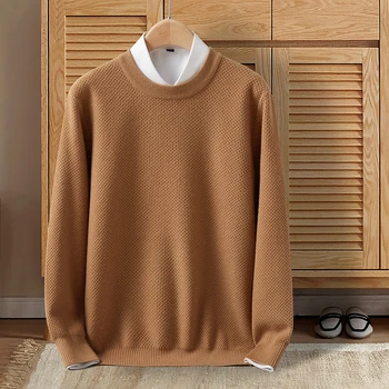 Мужская трикотажная нижняя рубашка с круглым вырезом, модный топ в корейском стиле в виде пчелиных сот, повседневный однотонный пуловер, свитер для мужчин