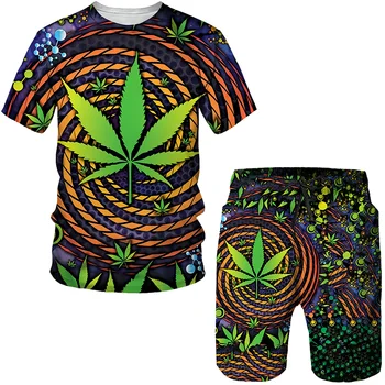 Летняя мужская футболка с 3D растительным принтом, Комплект шорт, повседневная спортивная одежда, мужская одежда в стиле хип-хоп с коротким рукавом, комплект одежды оверсайз