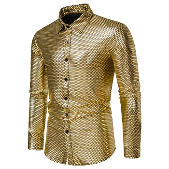 2022 Новая мужская бронзовая рубашка с длинным рукавом и пуговицами с лацканами, костюм для дискотеки и Рождественского бала Camisa