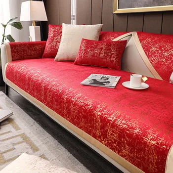 Красный чехол для дивана из синели с широкими полями В современной гостиной, противоскользящая комбинированная диванная подушка, полное покрытие для защиты мебели от пыли