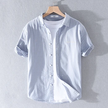 Высококачественная летняя мода 2023 года, Корейская повседневная полосатая удобная Мужская трендовая тонкая рубашка из чистого хлопка с пятью рукавами