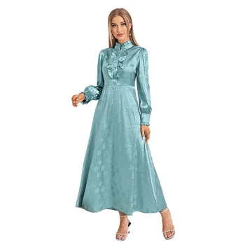 Мусульманская модная Женская одежда, женское повседневное платье с высокой талией и рюшами, осенние Элегантные платья-рубашки, однотонные Женские платья с длинным рукавом