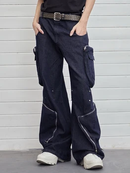 Дизайнерская одежда с деконструктивным дизайном, широкие брюки с карманами, комбинезоны, выстиранные тяжелой промышленностью, мужские свободные джинсы в стиле ретро.