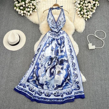 Европейское винтажное летнее платье для женщин с V-образным вырезом и принтом, женские платья трапециевидной формы, элегантные женские макси-платья, прямая поставка